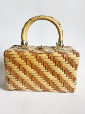 Vintage 50s Woven Mini Box Bag in Natural Tan and Cream